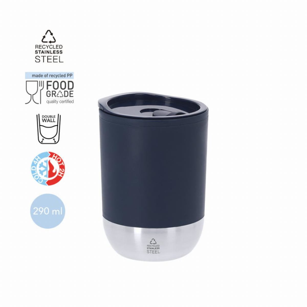Black and silver insulated tumbler with a lid, 290 ml, and eco-friendly icons on the side.
