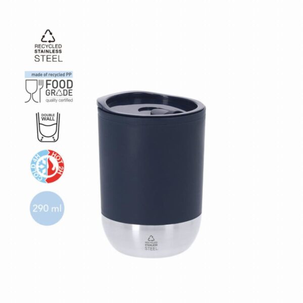 Black and silver travel mug with lid, 290ml, and eco-friendly and food-safe icons beside it.