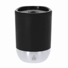 Black and silver stainless steel insulated tumbler cup on a white background.