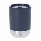 A navy and silver stainless steel insulated travel mug with a black lid.
