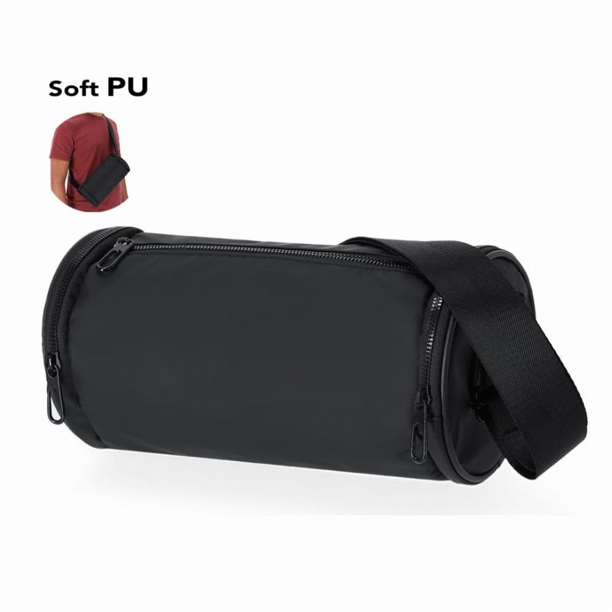 Black cylindrical crossbody bag with a zipper and wide shoulder strap, made of soft PU.