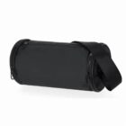A black cylindrical shoulder bag with a zipper and an adjustable strap.