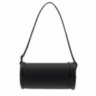 Black cylindrical shoulder bag with a single strap and zippered ends, against a white background.