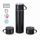 Black stainless steel thermos with two matching cups, 420 ml capacity, on white background.