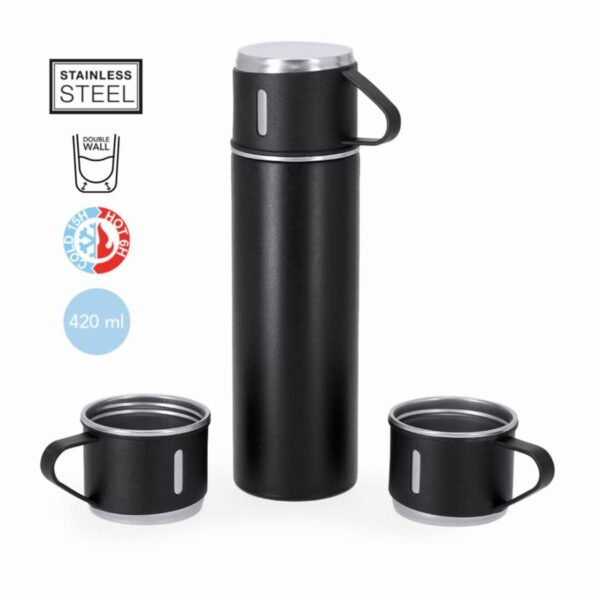 Black stainless steel thermos with two matching cups, 420ml capacity, on a white background.