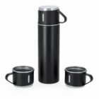 Black thermos flask with two matching cups, all with handles, on a white background.
