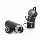 Black thermos flask with three stacked metal mugs against a white background.
