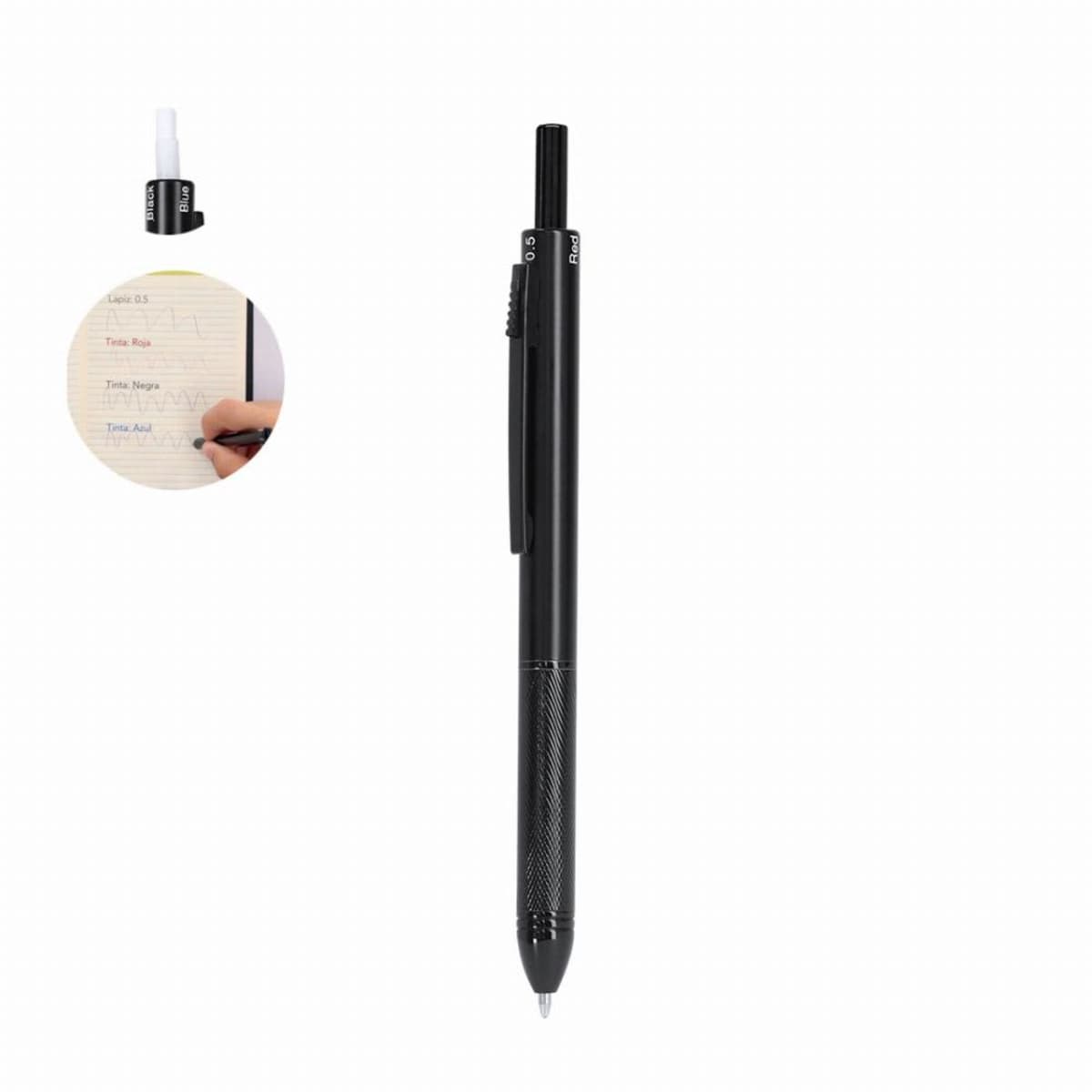 Black erasable pen with a close-up inset of someone writing on lined paper.