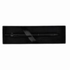 A black pen in a black rectangular box with a ribbon across the pen.