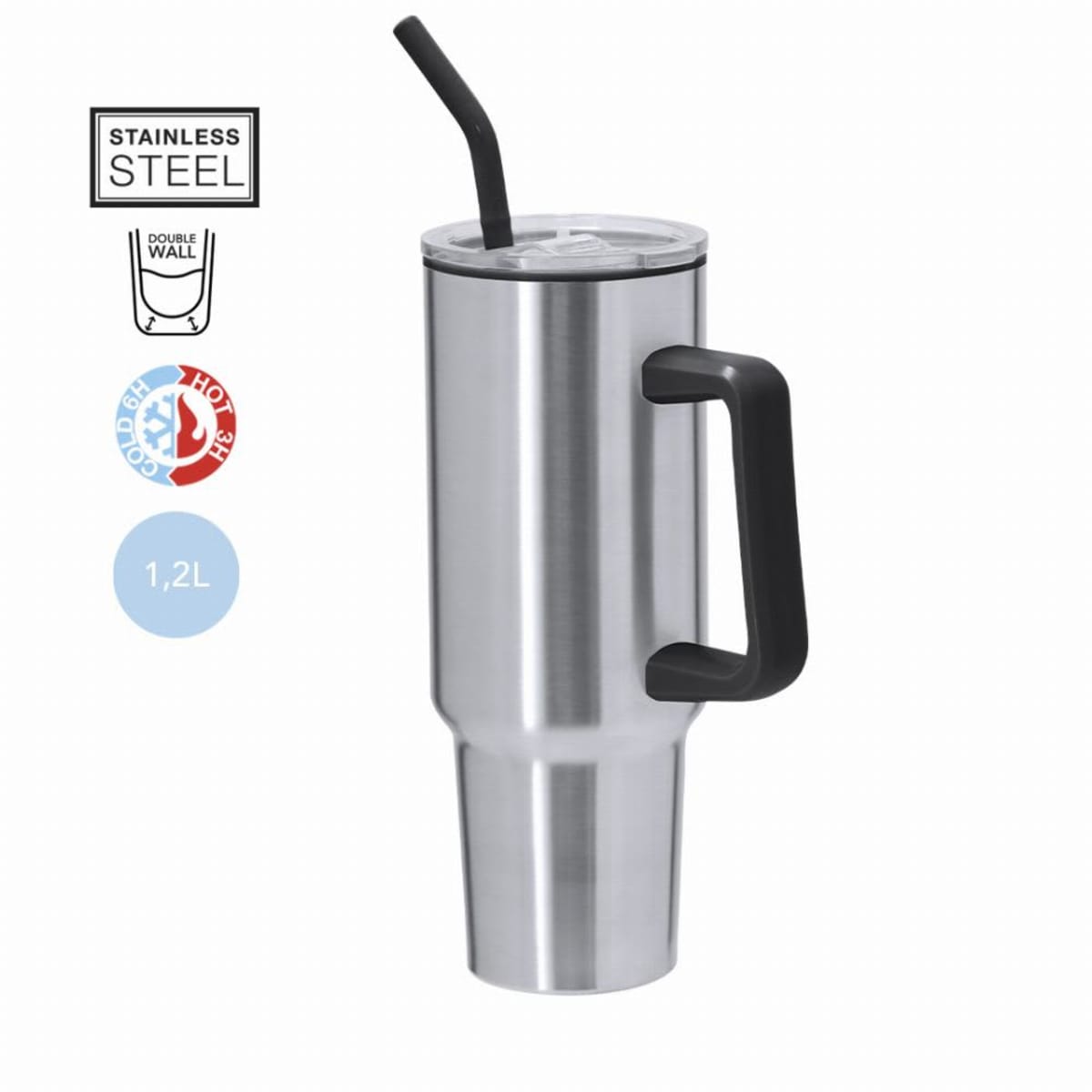 Tall stainless steel travel mug with handle, lid, and straw, 1.2L capacity.