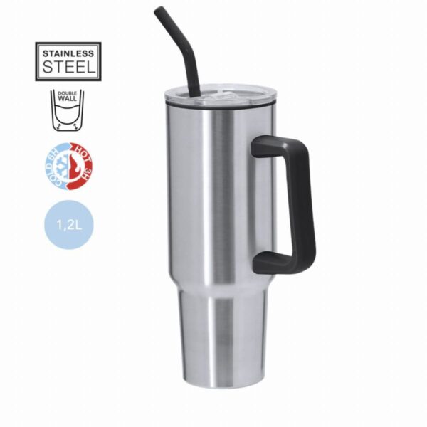 Tall stainless steel tumbler with lid, black straw, and large handle, 1.2L capacity.