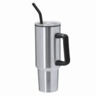 Stainless steel travel tumbler with black handle, lid, and straw on white background.