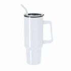 Tall white tumbler with handle and straw against a plain white background.