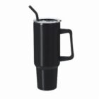 Tall black travel tumbler with handle, clear lid, and black straw on a white background.