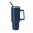 Tall, dark blue tumbler with a handle, clear lid, and reusable straw.