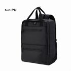 Black rectangular backpack with two front zippers and top handles, labeled Soft PU.