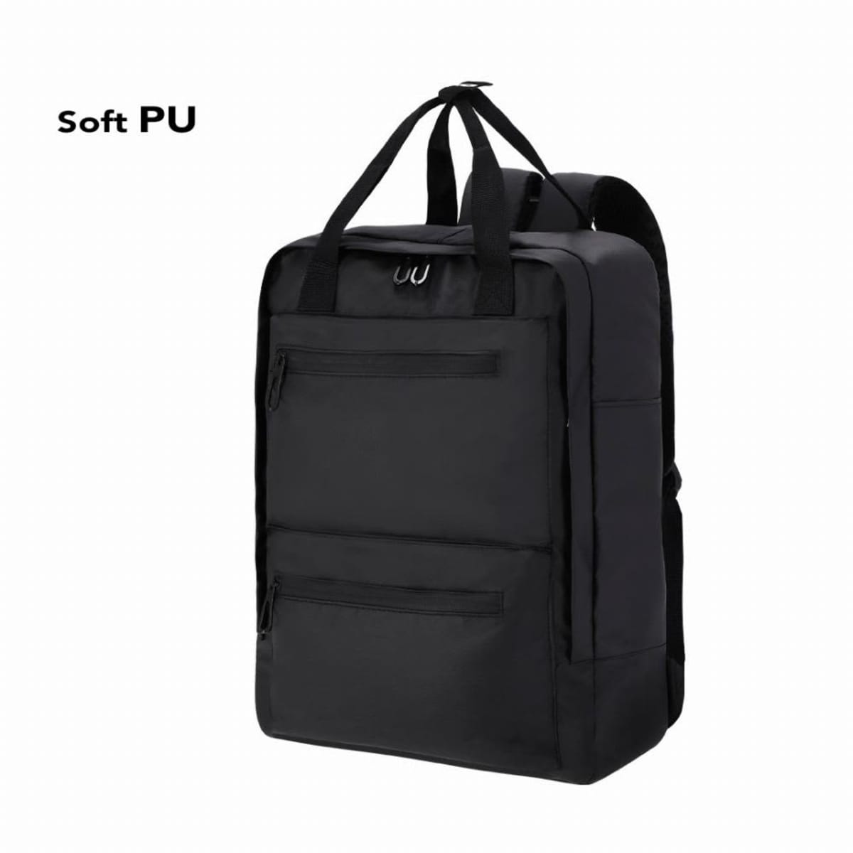 Black rectangular backpack with two front zippers and top handles, labeled Soft PU.