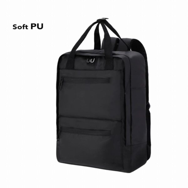 Black soft PU backpack with two front zip pockets and top handles on a white background.