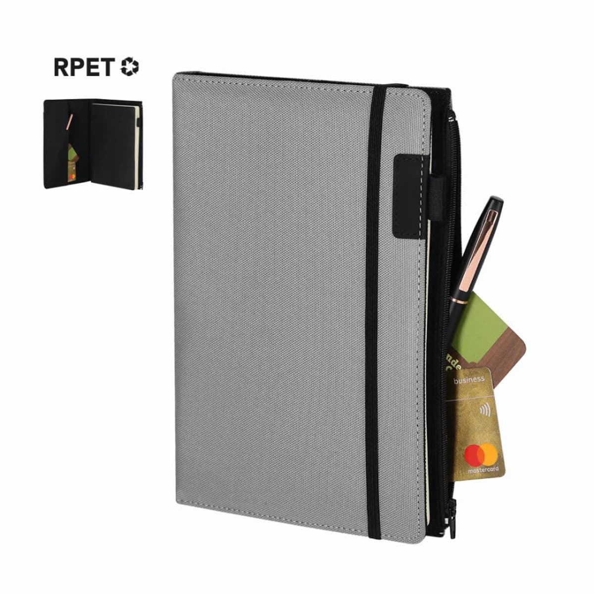 Grey zippered notebook with cards and a pen in front pocket; small open view inset.