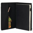 Black notebook organizer with a pocket holding cards and a pencil on the left side.