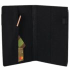 Open black wallet with slots holding two cards and a pencil.