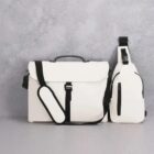 Two white bags—a messenger bag and a sling bag—against a gray textured wall.