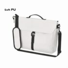 White soft PU messenger bag with black strap and handle on a plain background.
