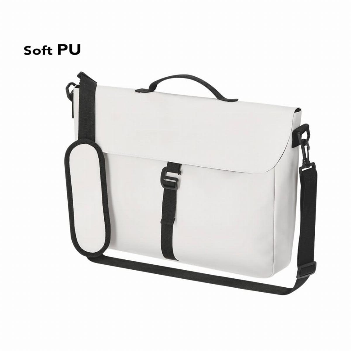 White soft PU messenger bag with black strap and handle on a plain background.