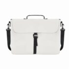 White messenger bag with black strap, buckle closure, and top handle.
