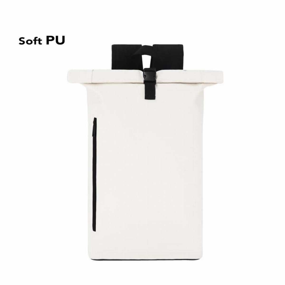 White rectangular backpack with black accents and a Soft PU label on the top left.