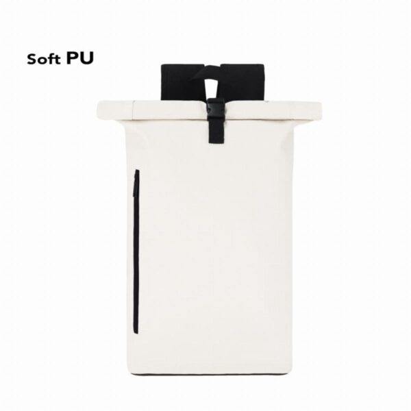 White roll-top backpack with black strap, front zipper, and Soft PU text in the corner.
