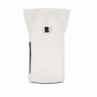 White waterproof dry bag with a black buckle and vertical zipper on the front.