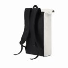 Black and white backpack with padded straps shown from the back against a white background.
