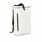 White roll-top backpack with a black front zipper pocket and black shoulder straps.