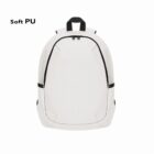 White backpack with black accents and Soft PU text in the top left corner.