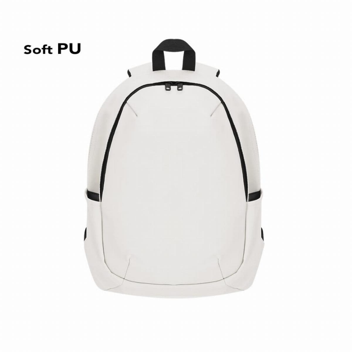 White backpack with black accents and Soft PU text in the top left corner.
