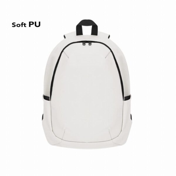 Minimalist white backpack with black zippers and handle, labeled Soft PU in the corner.
