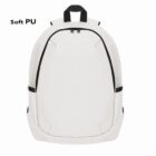 White backpack with black accents and Soft PU text on the left side.