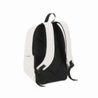 White and black backpack shown from the back with padded straps and a top handle.