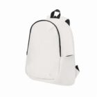 A plain white backpack with black straps and side pockets on a white background.