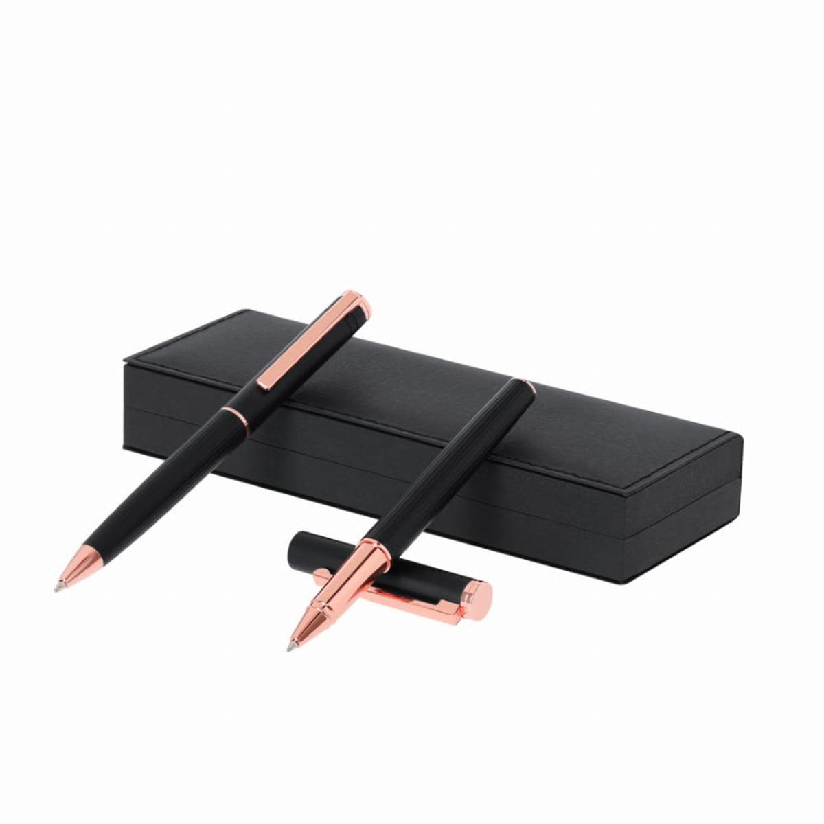 Two black and gold pens with a black box, one pen open and the other closed.