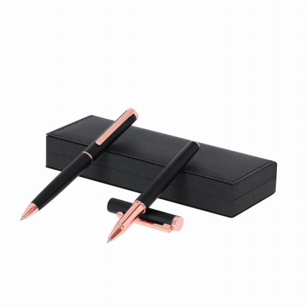 Two black and rose gold pens with a matching black case on a white background.
