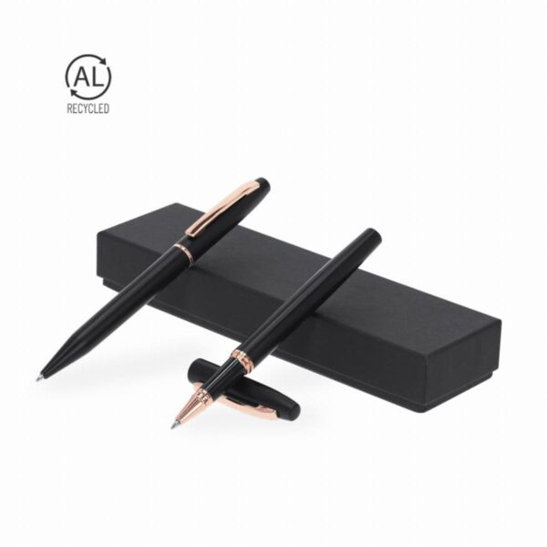 Two black pens with gold clips and a black box, with a recycled symbol in the corner.