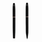 Two black pens with gold accents, one capped and one uncapped, on a white background.