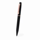 Black ballpoint pen with a gold clip and accents on a white background.