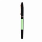 Black pen with a green label and gold clip, displayed vertically on a white background.