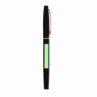 Black pen with a green label and a gold clip, shown upright on a white background.