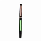 A black pen with a pink clip and a green label on a white background.