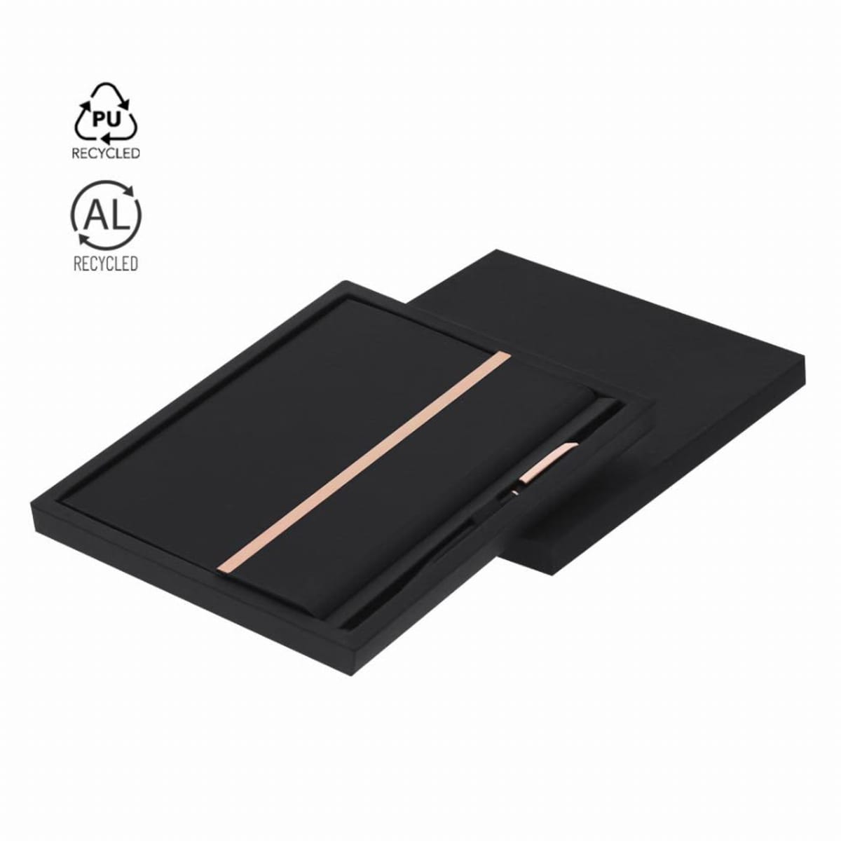 Black notebook and pen set in a black box, with recycled material symbols above.