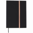 Black notebook with a vertical gold stripe and a black ribbon bookmark.